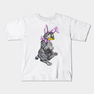 Bobtail BunnyCat: Grey Tabby (Pink) Kids T-Shirt